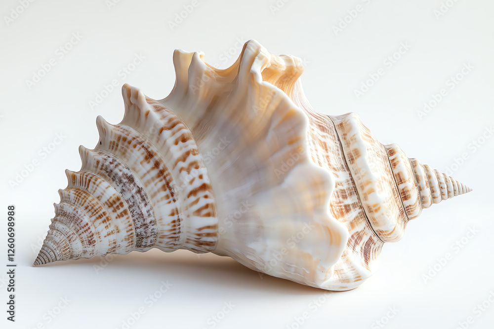 Craft a modern rendering of a solitary seashell against a pristine white backdrop, emphasizing intricate details and soft, natural colors Craft a modern rendering of a solitary seashell against a pristine white backdrop, emphasizing intricate details and soft, natural colors