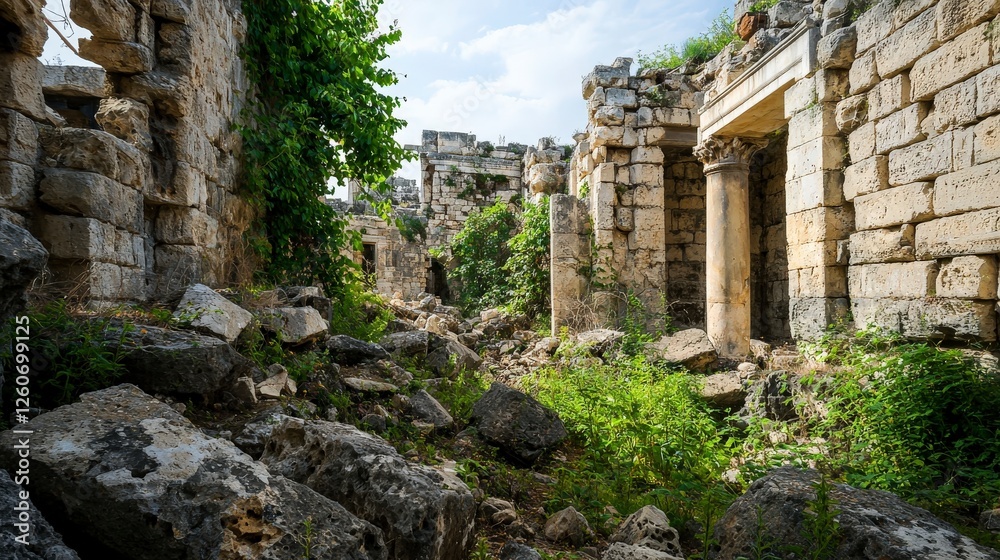 Fototapeta premium Exploring ancient city ruins crumbling stone walls historical site lush overgrowth ground level archaeological wonder