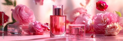 Pink Perfume Bottle Surrounded by Roses photo