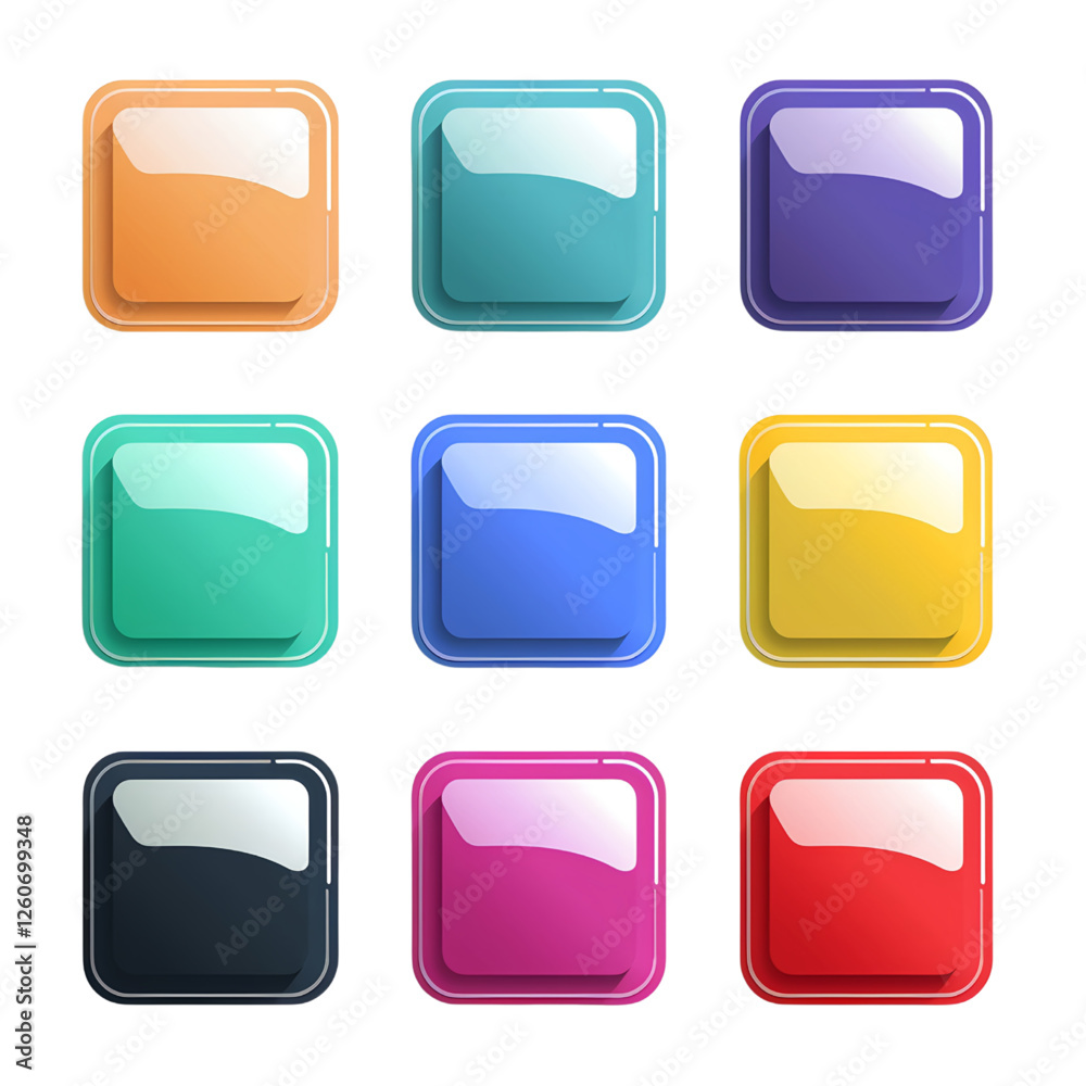 Set of colorful glossy square UI buttons with long shadows Set of colorful glossy square UI buttons with long shadows