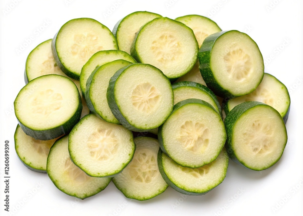 Fresh Cucumber Slices on White Background - Close-up of fresh cucumber slices arranged in a pile, highlighting the green skin and smooth texture of the vegetable.
Fresh Cucumber Slices on White Background - Close-up of fresh cucumber slices arranged in a pile, highlighting the green skin and smooth texture of the vegetable.