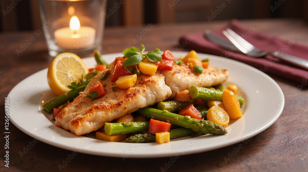 Grilled salmon with asparagus and lemon on white plate