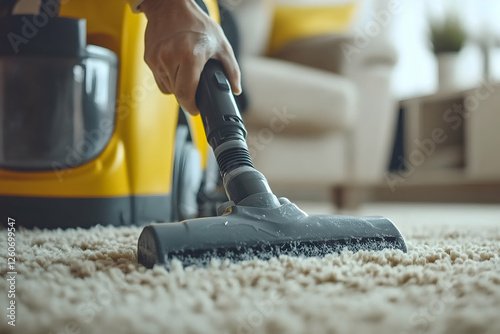 Professional carpet cleaning service using an industrial vacuum cleaner on a thick beige carpet