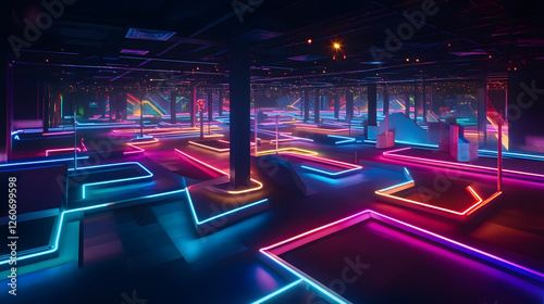 A vibrant indoor space with neon lights, designed for recreational activities like mini-golf.