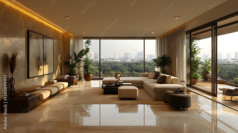 Fototapeta premium High-end penthouse suite featuring a mix of classic gold accents, sleek neutral furniture, and warm ambient lighting