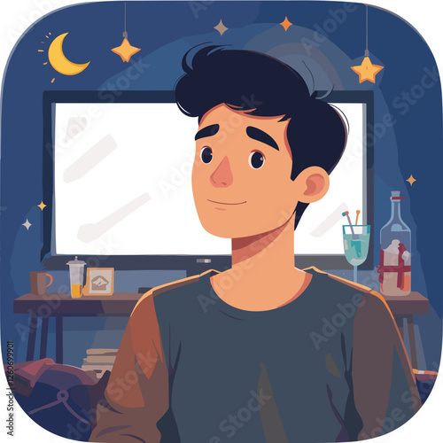 Thoughtful young man relaxing at home in front of a TV screen during nighttime