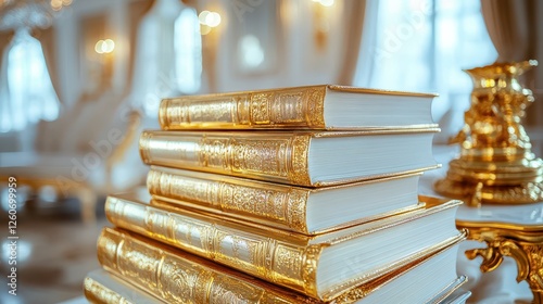 Goldcovered books stacked elegantly in a vintage luxury library photo