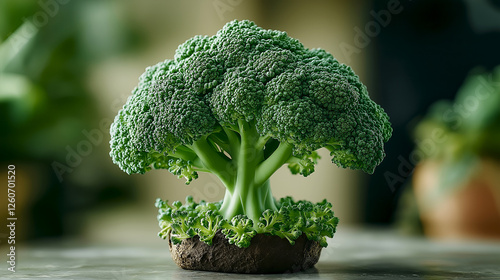 Unique artistic representation of broccoli resembling a miniature tree in a cozy indoor setting with soft lighting. Broccoli designed to mimic a small tree, healthy eating concept photo