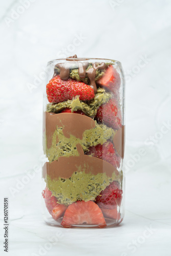 Dubai chocolate strawberry cup with kataifi, pistachio paste, tahini, milk chocolate and fresh strawberries. Vertical photo. Tasty desserts and sweets, takeaway.