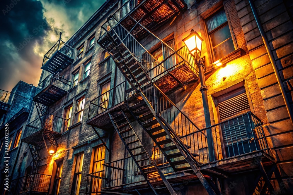 Gritty Urban Night: Fire Escape in Shadow - Stock Photo Gritty Urban Night: Fire Escape in Shadow - Stock Photo