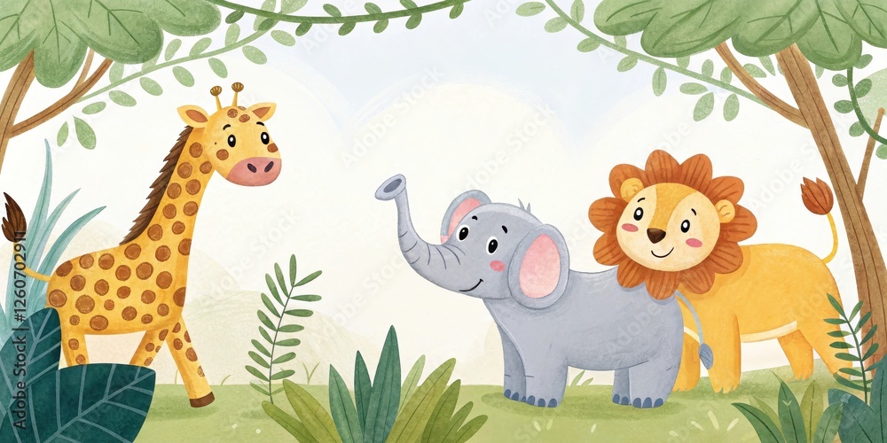 Naklejka premium Adorable Cartoon Animals in a Safari Scene Surrounded by Lush Greenery and Tropical Plants
