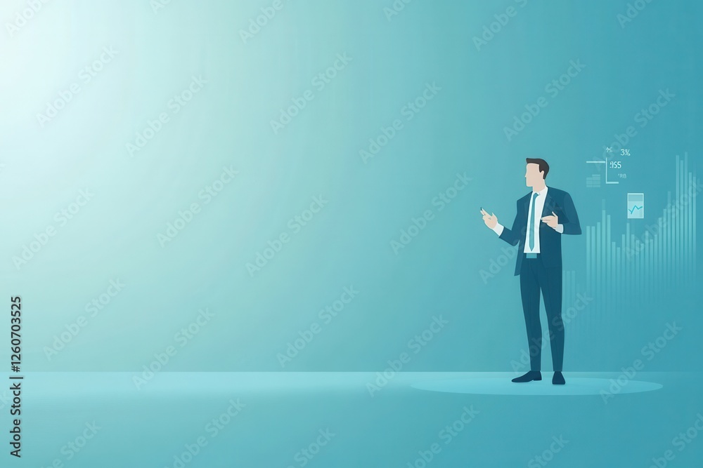Corporate Leader Presenting Financial Data on Plain Blue Background Corporate Leader Presenting Financial Data on Plain Blue Background
