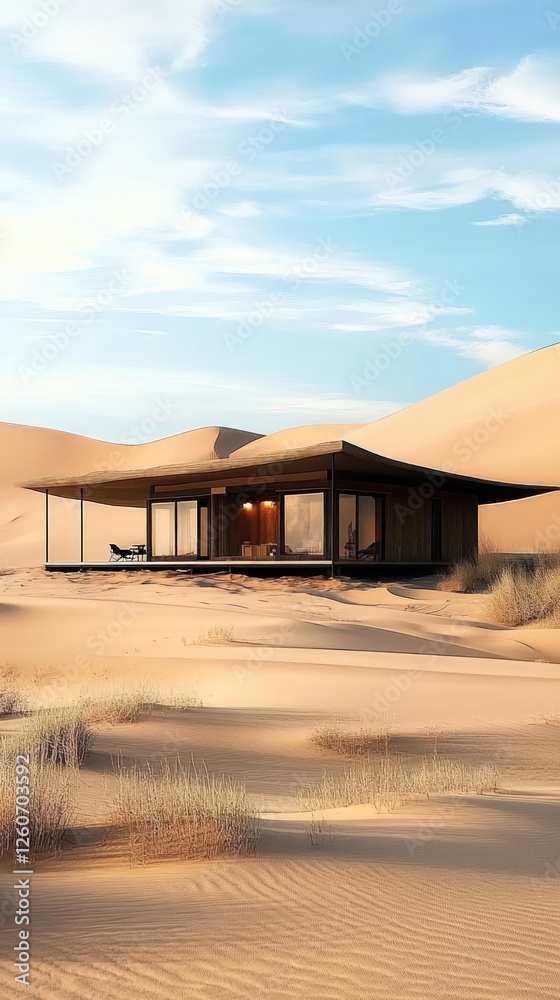 A modern, minimalist desert cabin stands on a golden sand dune landscape under a partly cloudy sky. The cabin is a light brownish tan color with dark brown accents. Its structure appears to have A modern, minimalist desert cabin stands on a golden sand dune landscape under a partly cloudy sky. The cabin is a light brownish tan color with dark brown accents. Its structure appears to have