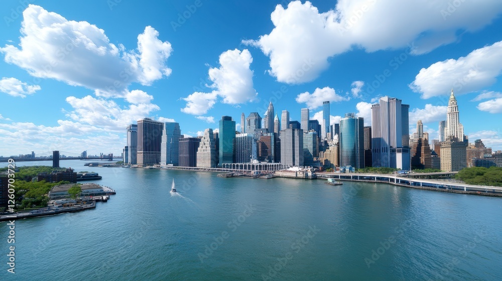 Naklejka premium Panoramic view of urban skyline along a waterway, featuring modern skyscrapers and a vibrant blue sky with scattered clouds, and calm water. The