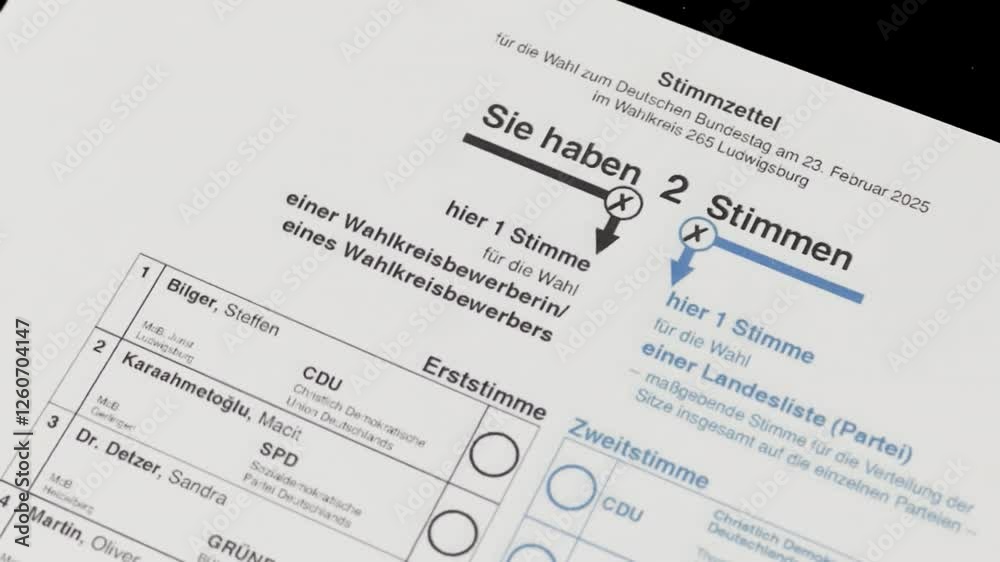 12. February 2025 - Berlin, Germany. Close up of a ballot paper and a pen with no marked party choice 12. February 2025 - Berlin, Germany. Close up of a ballot paper and a pen with no marked party choice