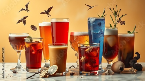 Several glasses of different drinks on bright background