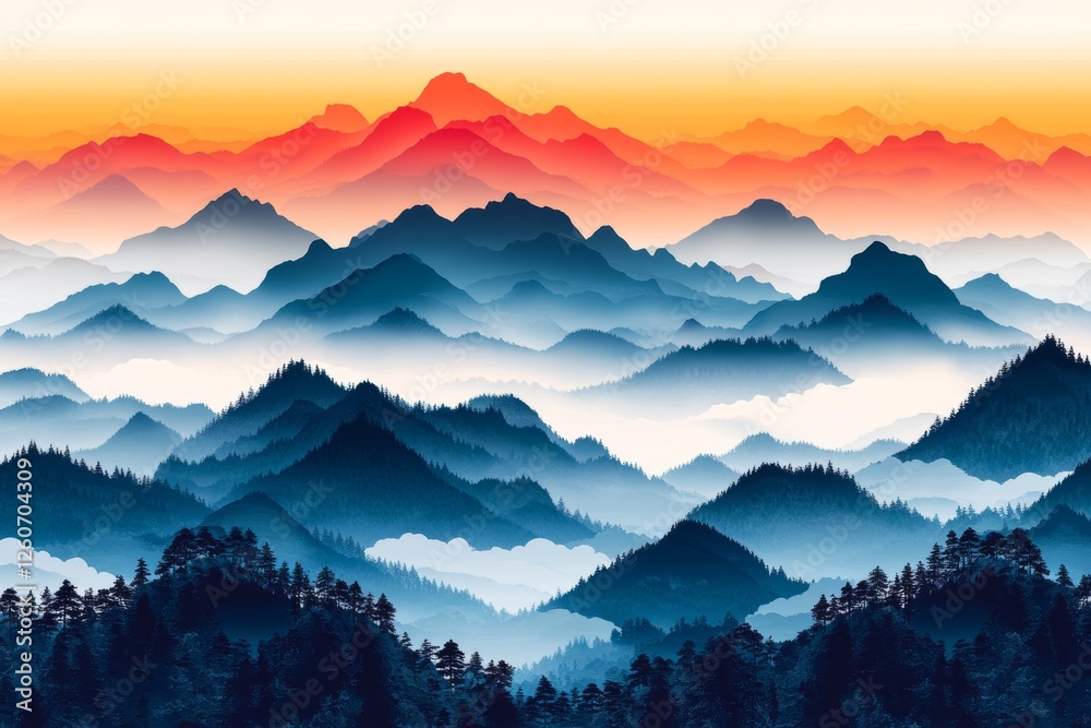 Obraz premium Misty Mountain Landscape, Abstract Illustration of Gradient Peaks and Fog for Travel Designs