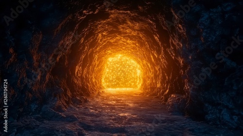 Glowing tunnel mystical depth concept. A glowing, fiery light emanates from the entrance of a dark, rocky tunnel, creating a striking contrast between light and shadow.