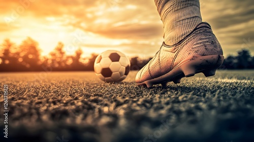 Sunset Soccer Field Dramatic Closeup Football Boot
