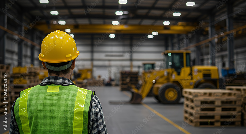 The layout features a central figure, a person with light skin, viewed from behind, wearing a yellow hard hat and a neon green safety vest over a checkered shirt. The layout features a central figure, a person with light skin, viewed from behind, wearing a yellow hard hat and a neon green safety vest over a checkered shirt.