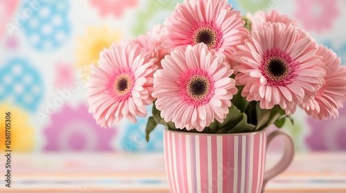 Pink Gerbera Daisies in Striped Mug Spring Flowers Bouquet
