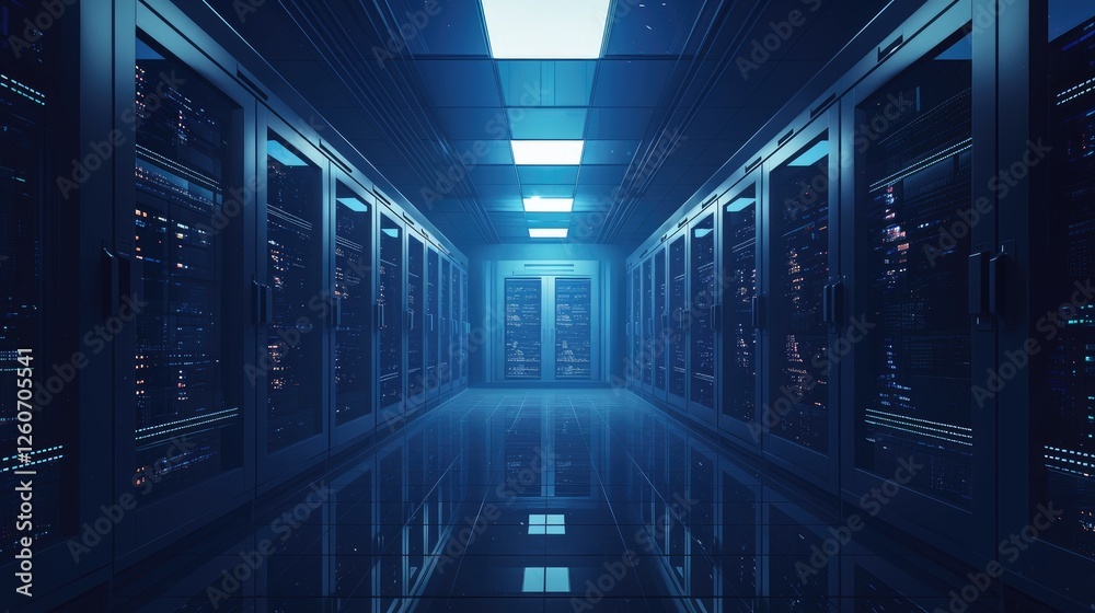 A high-tech data center with illuminated server racks in a dark, futuristic corridor. Ideal for technology, cloud computing, cybersecurity, and digital infrastructure themes A high-tech data center with illuminated server racks in a dark, futuristic corridor. Ideal for technology, cloud computing, cybersecurity, and digital infrastructure themes