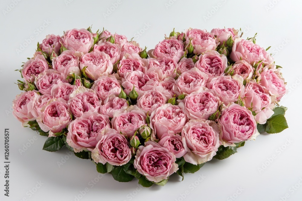 A heart-shaped arrangement of pink roses with lush petals and green leaves, isolated on a light background. Ideal for valentine, romance, wedding, and love-themed designs A heart-shaped arrangement of pink roses with lush petals and green leaves, isolated on a light background. Ideal for valentine, romance, wedding, and love-themed designs