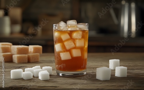 Refreshing Iced Tea with Sugar Cubes on Rustic Wood photo