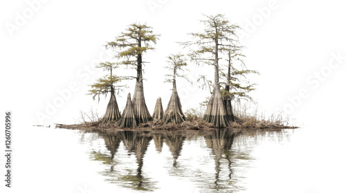Serene cypress trees reflecting on transparent background