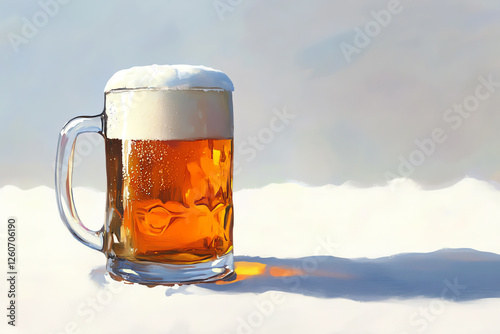 Illustrate a beer mug glistening under sunlight against a serene backdrop of white expansiveness photo