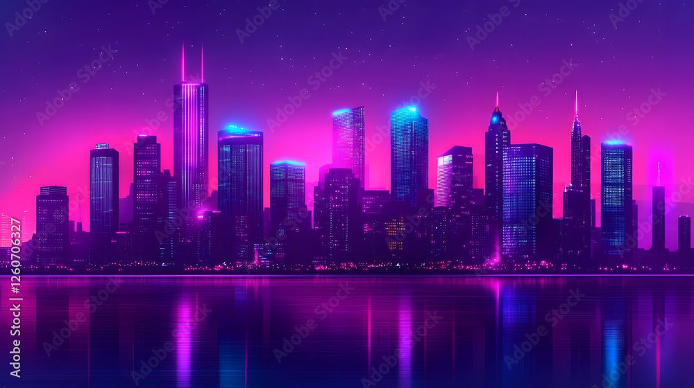 Fototapeta premium A vibrant, neon-lit city skyline reflecting in water, evoking a futuristic atmosphere.