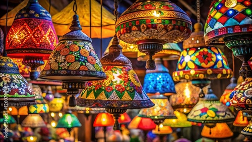 Vibrant Lampshades Illuminate Night at Surajkund Crafts Mela, Faridabad, India photo