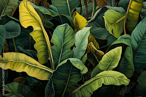 Illustrate a close-up of a lush, green potted banana plant, emphasizing intricate leaf patterns and rich hues on a digital canvas with intricate details photo