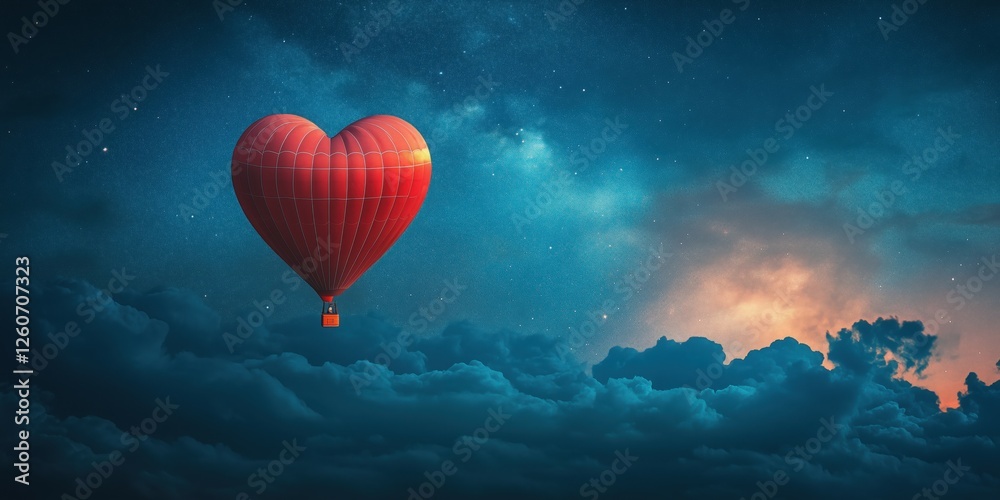 Fototapeta premium Hot air balloon in the shape of a heart on the background of the starry sky and Milky Way.