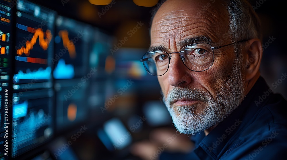 Mature man analyzing financial data on multiple screens in a modern office environment Mature man analyzing financial data on multiple screens in a modern office environment
