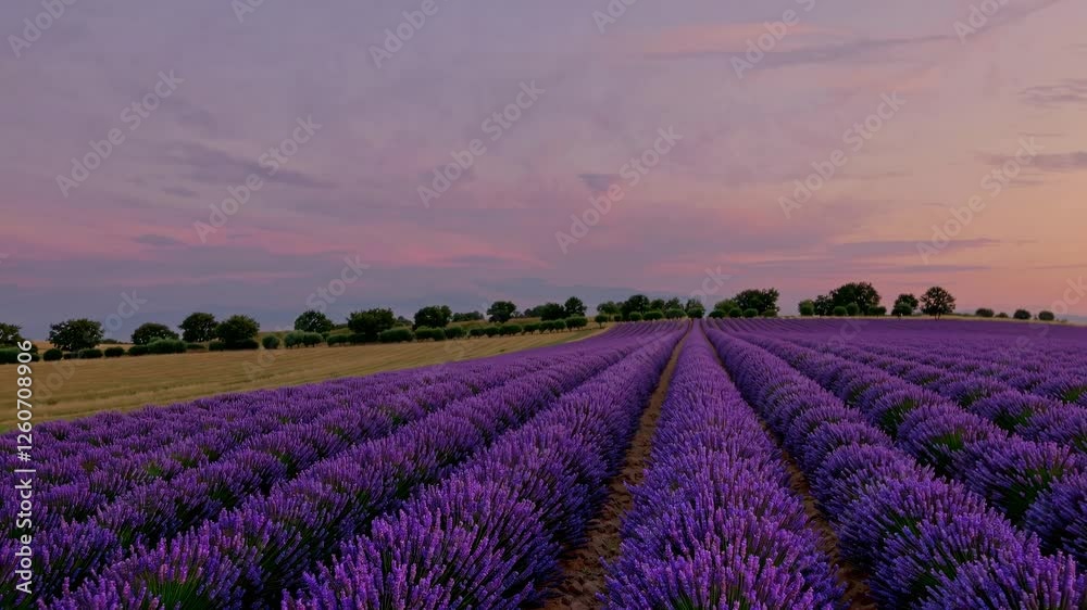 A tilted angle captures endless lavender fields under a pastel sky, creating a dreamy, cinematic video feel with vibrant colors and serene vibes. A tilted angle captures endless lavender fields under a pastel sky, creating a dreamy, cinematic video feel with vibrant colors and serene vibes.