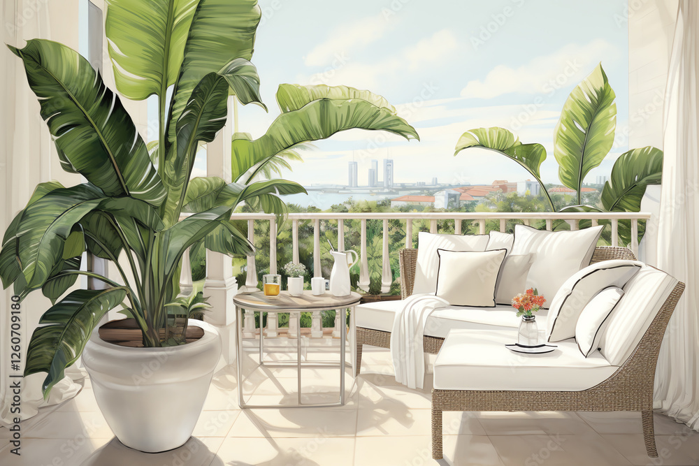Fototapeta premium Illustrate a potted banana plant on a balcony, basking in sunlight, infusing the outdoor area with a touch of the tropics, against a crisp white setting