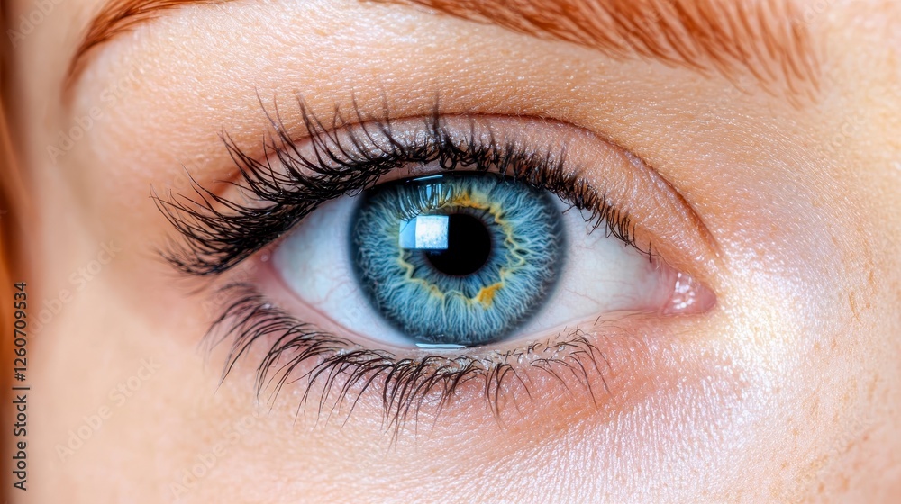 Fototapeta premium Close up view of a woman's eye, highlighting the details of the iris and eyelashes. Light beige skin tones and soft lighting create a delicate