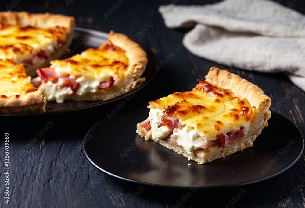 A piece of savory pie with round balls of leavened dough, slightly torn open to reveal gooey mozzarella and chunks of ham. The pie sits on a dark ceramic dish, with steam rising gently from the warm f A piece of savory pie with round balls of leavened dough, slightly torn open to reveal gooey mozzarella and chunks of ham. The pie sits on a dark ceramic dish, with steam rising gently from the warm f