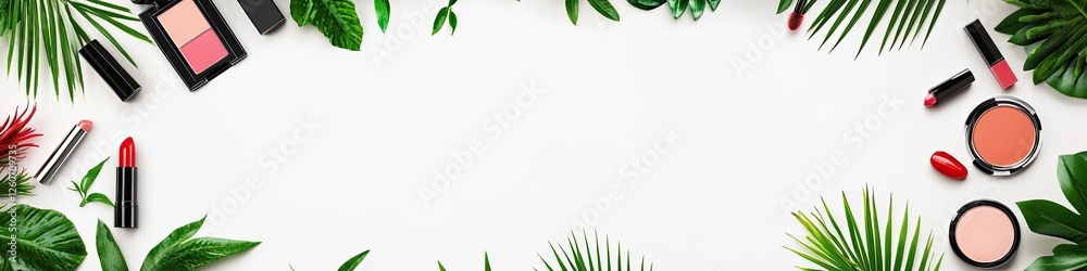 Tropical Makeup Flat Lay with Cosmetics and Leaves Tropical Makeup Flat Lay with Cosmetics and Leaves