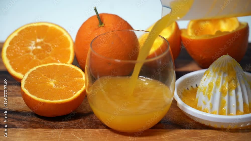 Prepare a home made orange juice and pour it into a glass to recharge your health with vitamin C, Mediterranean diet and breakfast Prepare a home made orange juice and pour it into a glass to recharge your health with vitamin C, Mediterranean diet and breakfast