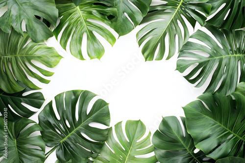 Illustrate a top-down perspective of lush, exotic tropical leaves in a photorealistic style on a pure white canvas photo