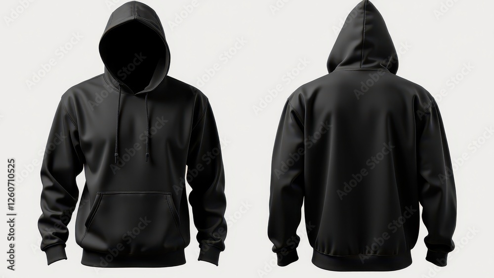 Black hoodie front and back mockup showcasing the design and details of a plain black hoodie from both perspectives.