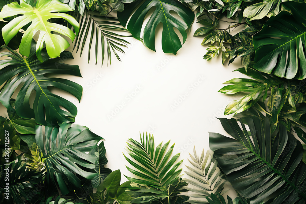 Naklejka premium Illustrate a top-down perspective of lush tropical foliage in a creative layout against a stark white backdrop, highlighting a single object