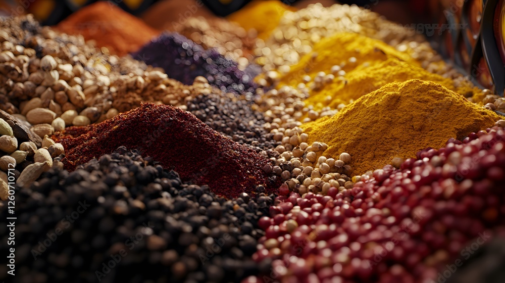 Fototapeta premium Vibrant Aromatic Spices Market- Colorful Turmeric, Peppercorns, and More