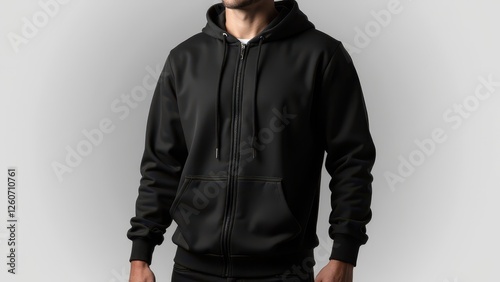 Black zip up hoodie mockup featuring a front view of a person wearing the hoodie with a zipper and drawstrings.