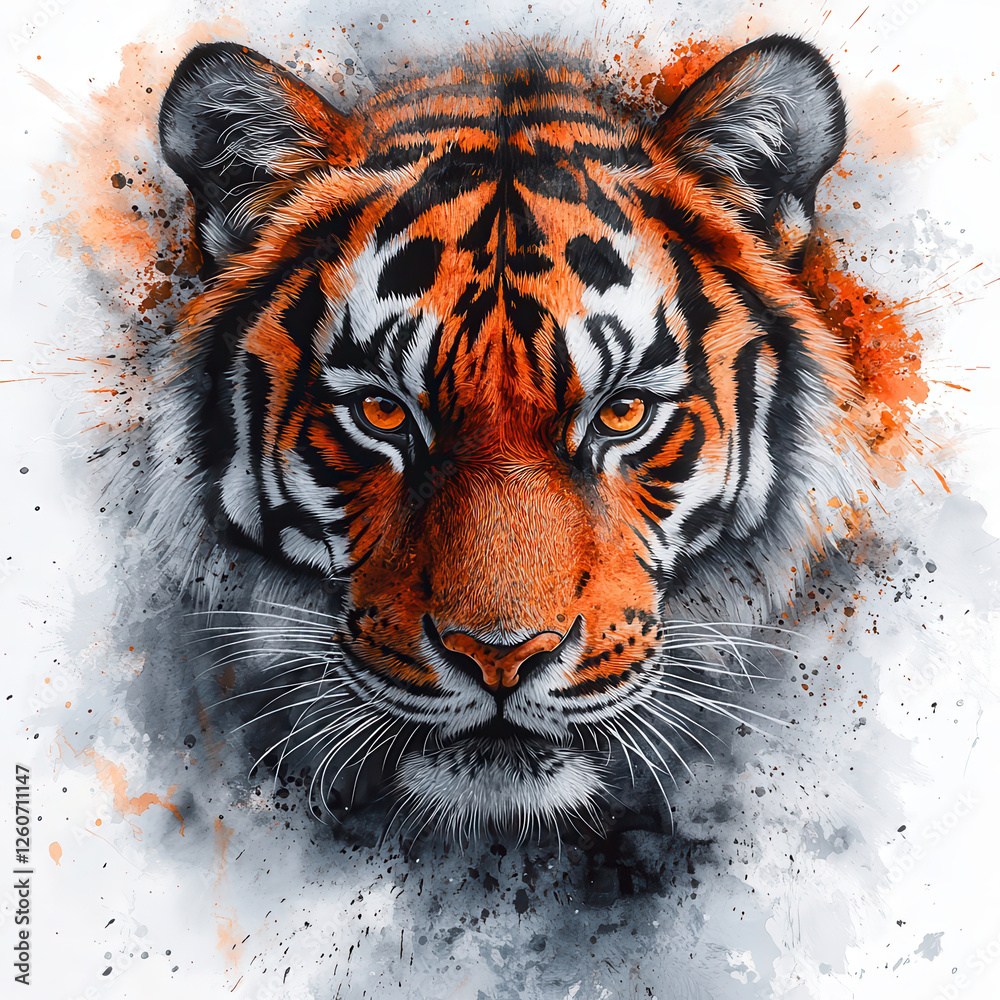 Naklejka premium Majestic tiger with vibrant orange and black stripes, showcasing fierce expression and intricate watercolor strokes blending beautifully