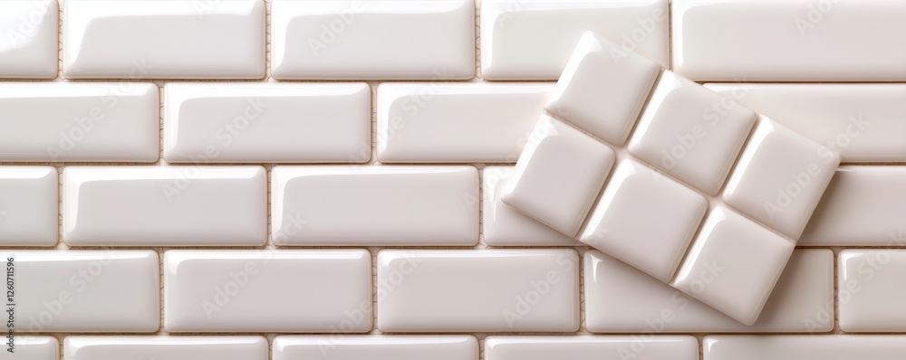 Obraz premium A close-up view of white subway tiles arranged in a brick pattern, with one tile slightly offset, showcasing a modern and clean design.