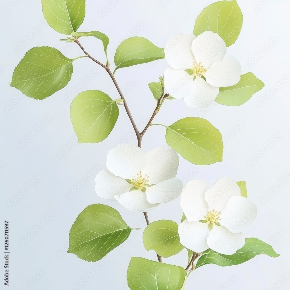Naklejka premium Delicate White Flowers with Green Leaves on a Soft Background