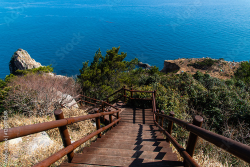 high-angle view of the stairway and sea photo